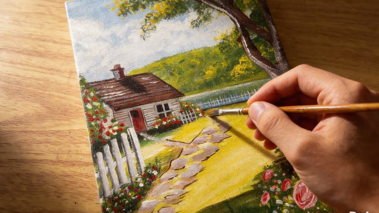 Beautiful Home Yard Scenery Painting / Canvas Painting / Painting Tutorial