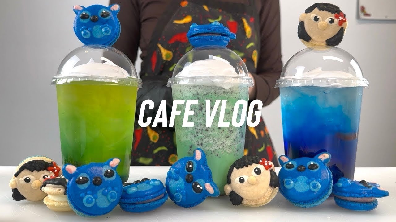 ASMR Café Vlog | Stitch Themed Drinks & Character Macarons Display | 스티치 카페 음료 만들기 & 캐릭터 마카롱 ASMR
