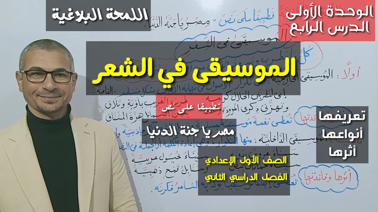 الموسيقى في الشعر ـ اللمحة البلاغية على نص (مصر يا جنة الدنيا) الصف الأول الإعدادي / الفصل الدراسي2