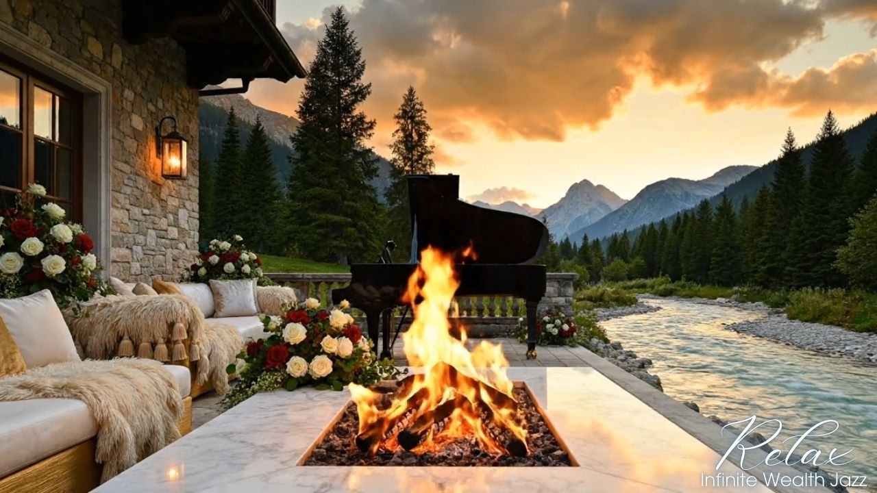 Alpine Sunset Jazz 24/7 🔥🌊🎹 | Fireplace, Flowing Stream & Luxury Cozy Jazz Ambience