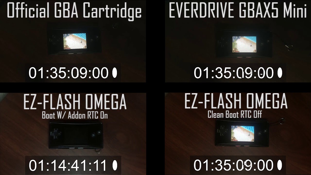 Everdrive GBAX5 Mini + EZ-Flash Omega RTC On/Off + Official Cartridge Battery Life Comparison