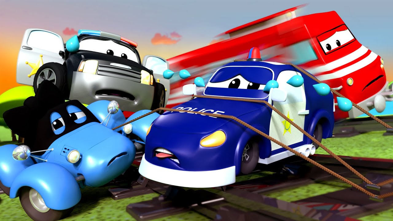 La Super Patrouille -  Attaché aux rails du TRAIN - La Ville des Voitures 🚓 🚒 Dessin animé