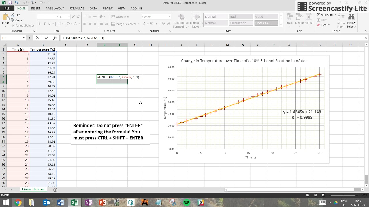 Using LINEST to determine the uncertainty on slope in Excel