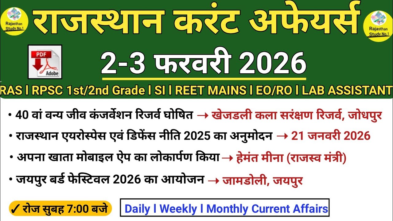 2-3 February 2026 Rajasthan Current Affairs in hindi l Today Rajasthan Current Affairs l RAS l SI 