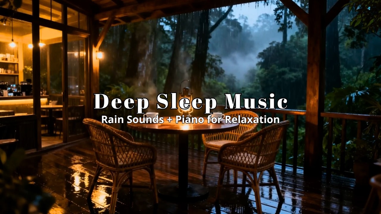 Relaxing Music with Rain Sounds & Piano on Sheltered Forest Cafe Deck for Insomnia Relief | Rain
