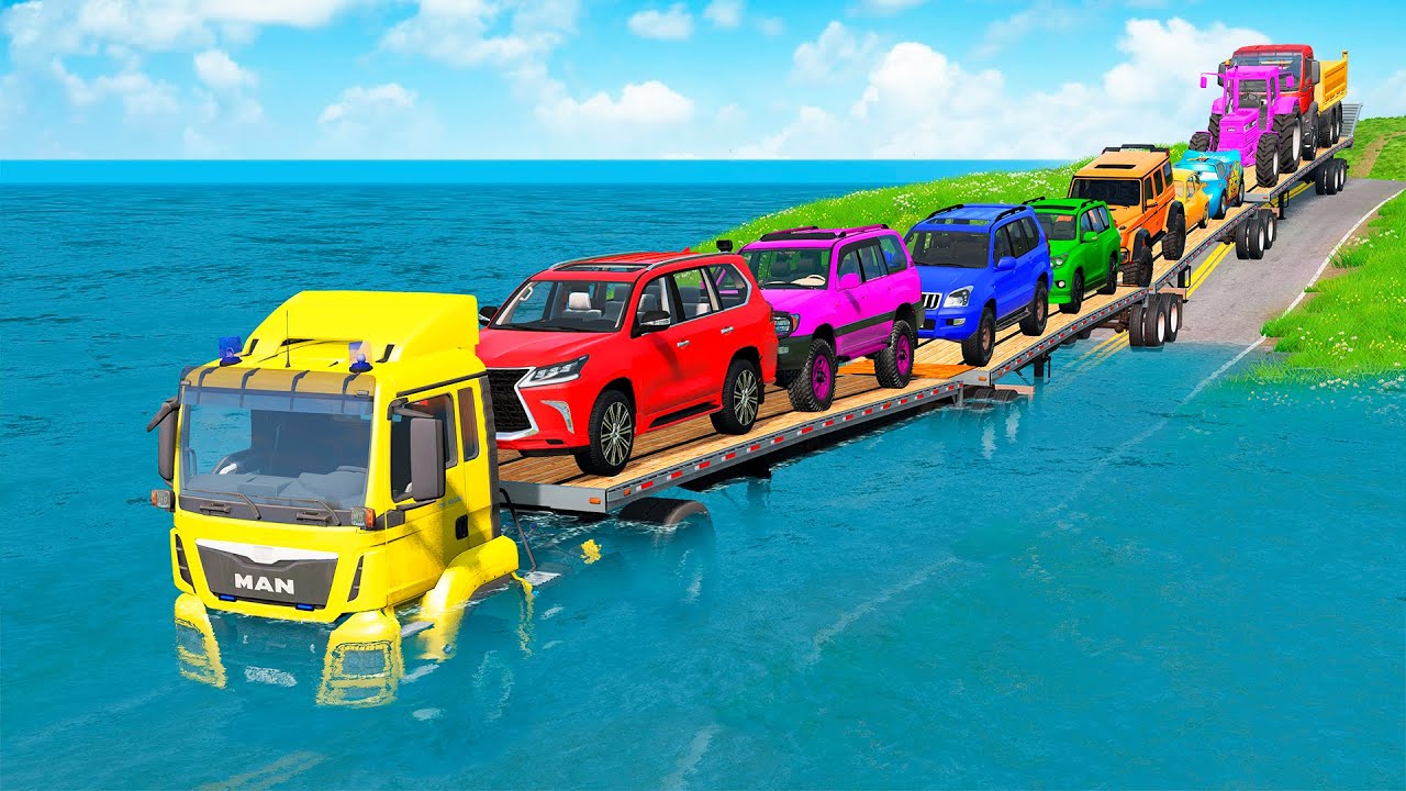 Triple Flatbed Trailer McQueen Transportation with Truck - Speedbumps vs Cars vs Train - BeamNG #39