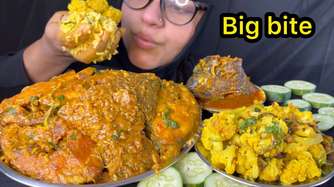 EATING LOTS OF FISH CURRY WITH RICE,COULIFLOWER FRY || food videos