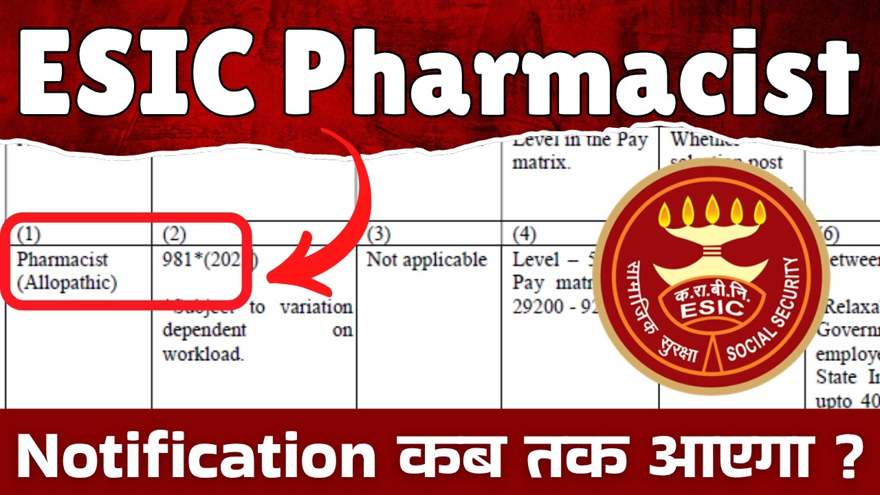 Pharmacist Vacancy 2026 | Upcoming ESIC Pharmacist Vacancy Total Post 981 Eligibility, Syllabus, Age