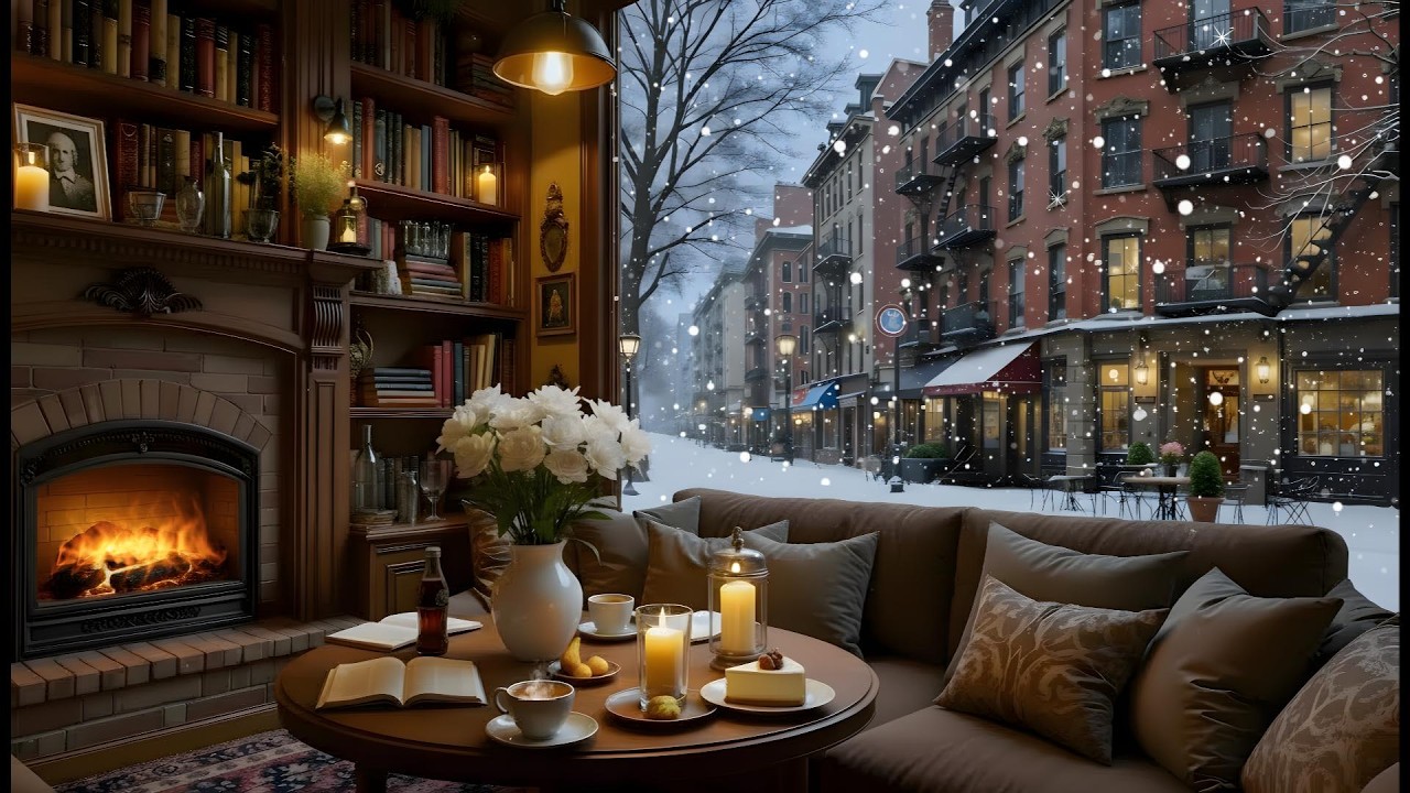 Winter Ambience Cozy Snowy Coffeehouse ❄️ With Smooth piano Jazz & Warm Fireplace for Study, Work