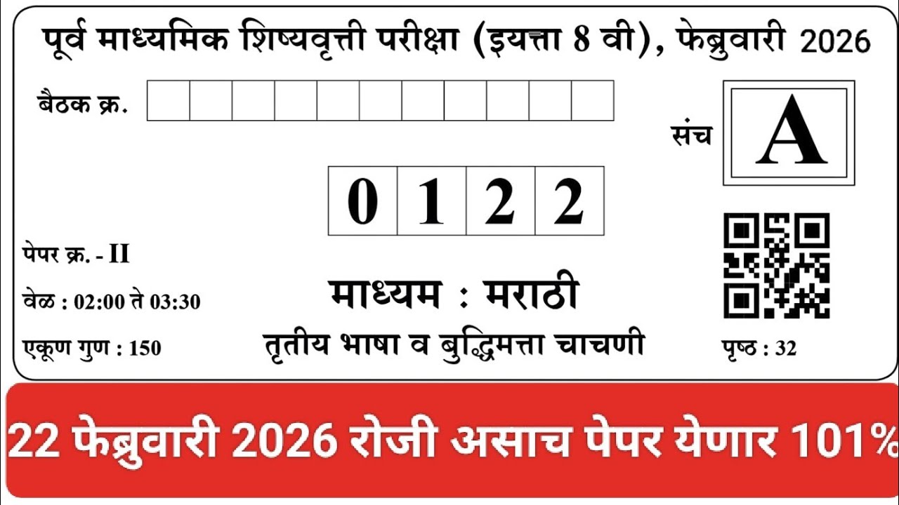 इयत्ता आठवी स्कॉलरशिप 2026 | पेपर 2 बुद्धिमत्ता | 22 फेब्रुवारी 2026 संभाव्य पेपर