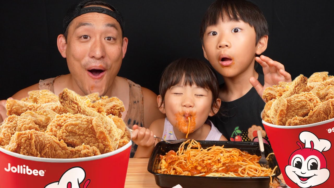 Jollibee ChickenJoy Meal - Spaghetti i smażony kurczak - Family Mukbang!
