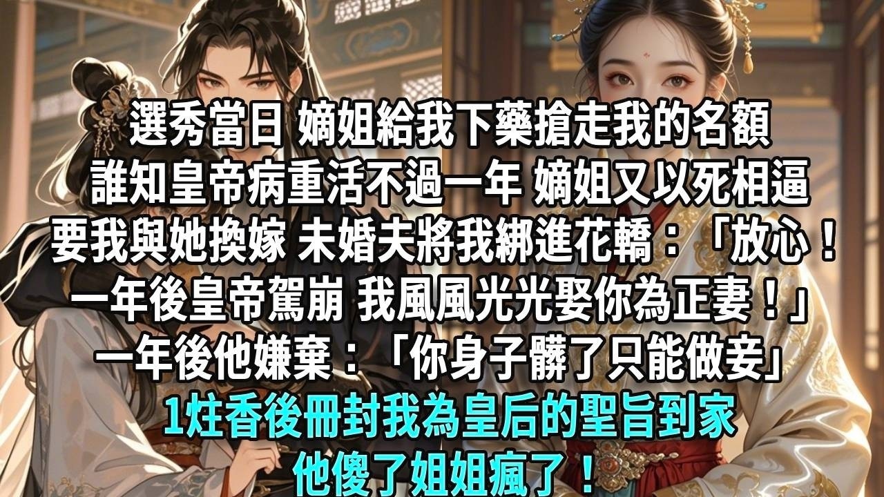 選秀當日嫡姐給我下藥，搶走我的名額。誰知皇帝病重活不過一年，嫡姐又以死相逼，要我與她換嫁。未婚夫將我綁進花轎：「放心！一年後皇帝駕崩，我風風光光娶你為正妻！」一年後他嫌棄：「你身子髒了只能做妾。