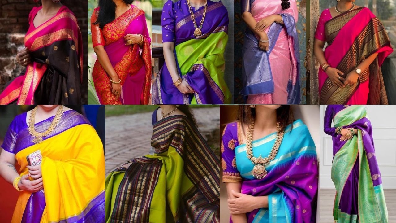 Beautiful broad border silk saree styling ideas 2022, Bright colour silk sarees with contrast blouse