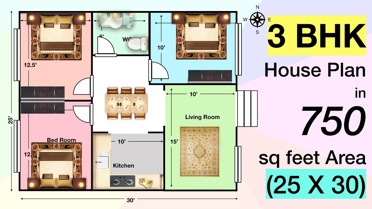 3 BHK House Plan in 750 sq feet (25 x 30)