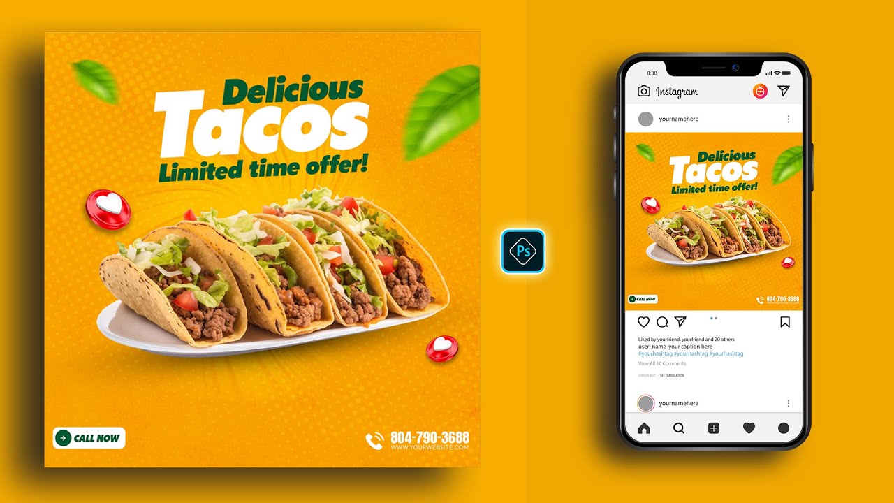 Restaurant Social Media Banner Design in Photoshop | Food Menu Post Tutorial