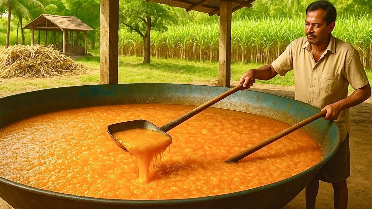 Traditional Indian Jaggery Making | Organic Yellow Sugar in Big Pan | Village Life Documentary