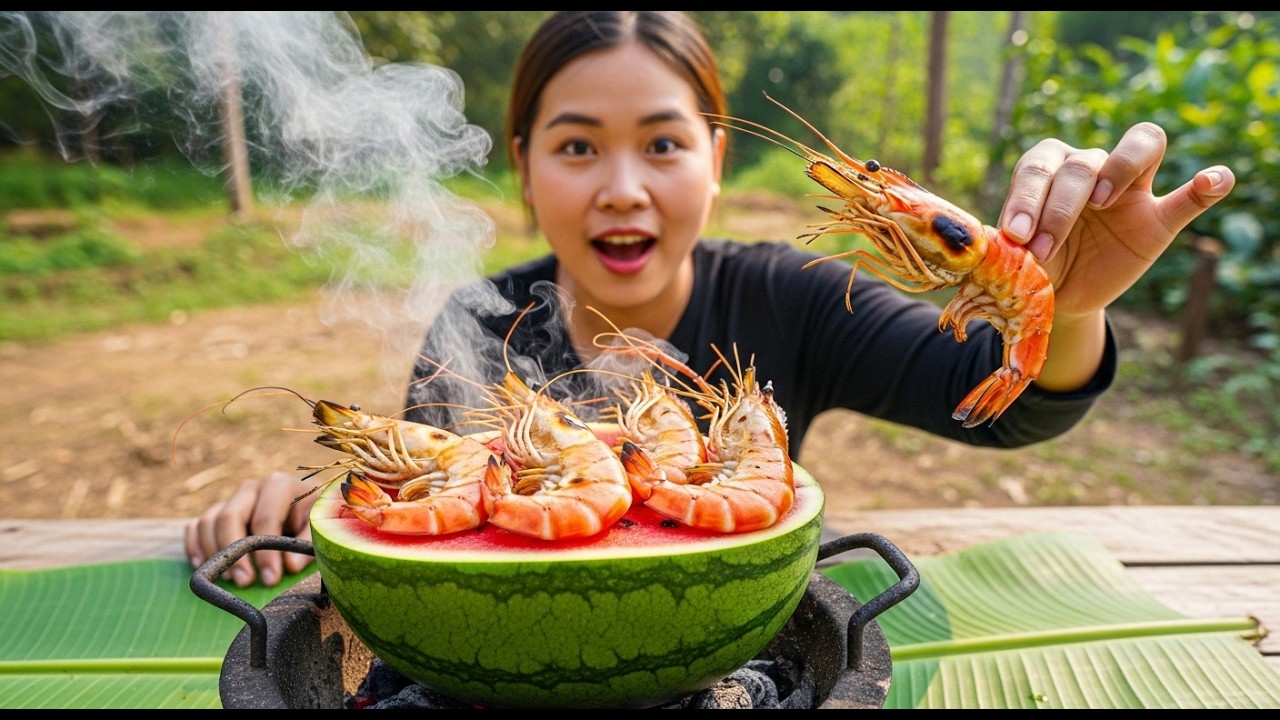 Amazing Grilled Prawns with Watermelon | Unique Village Cooking Recipe