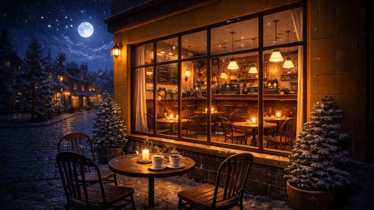 Cozy Winter Café Ambience ☕ Snowy Night, Candlelight & Relaxing Coffee Shop Sounds (4K)