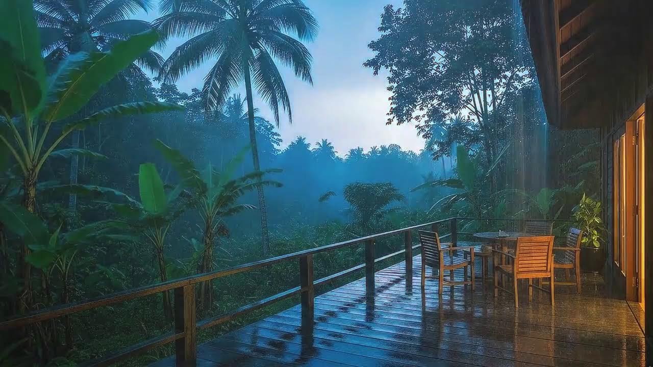 Fall Asleep with Soft Rainforest Rain at Wood Cabin and Rolling Thunder Echo to Release Stress 🌧️