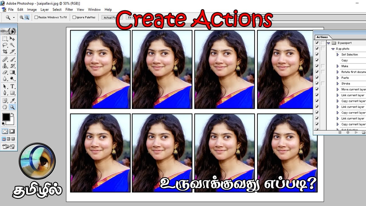 Photoshop tutorial in Tamil - Create Actions Passport Size Photo Step by Step Process