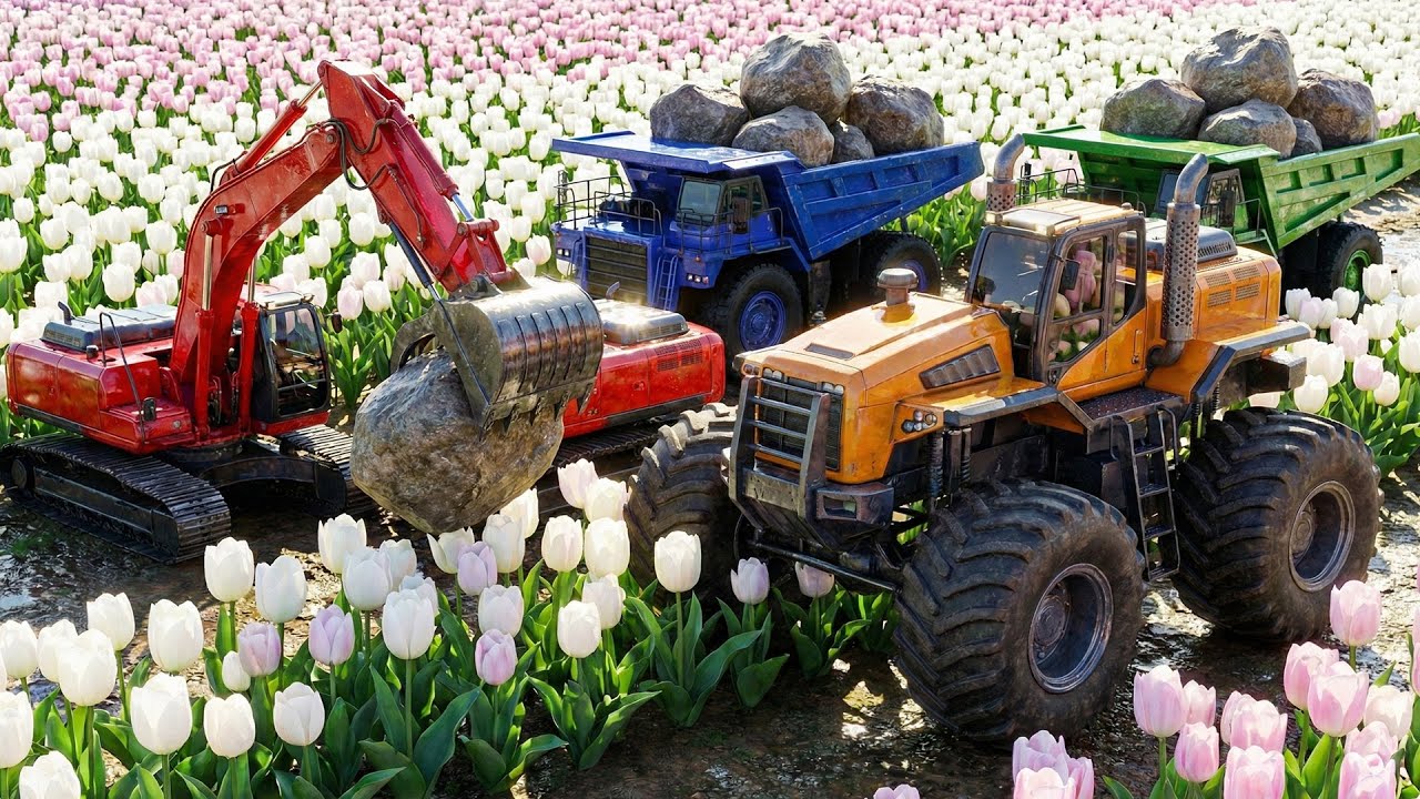 Heavy Machinery Clears Giant Rocks 🌷🚜 | Excavators and Dump Trucks at Work | Fun Vehicles Animation