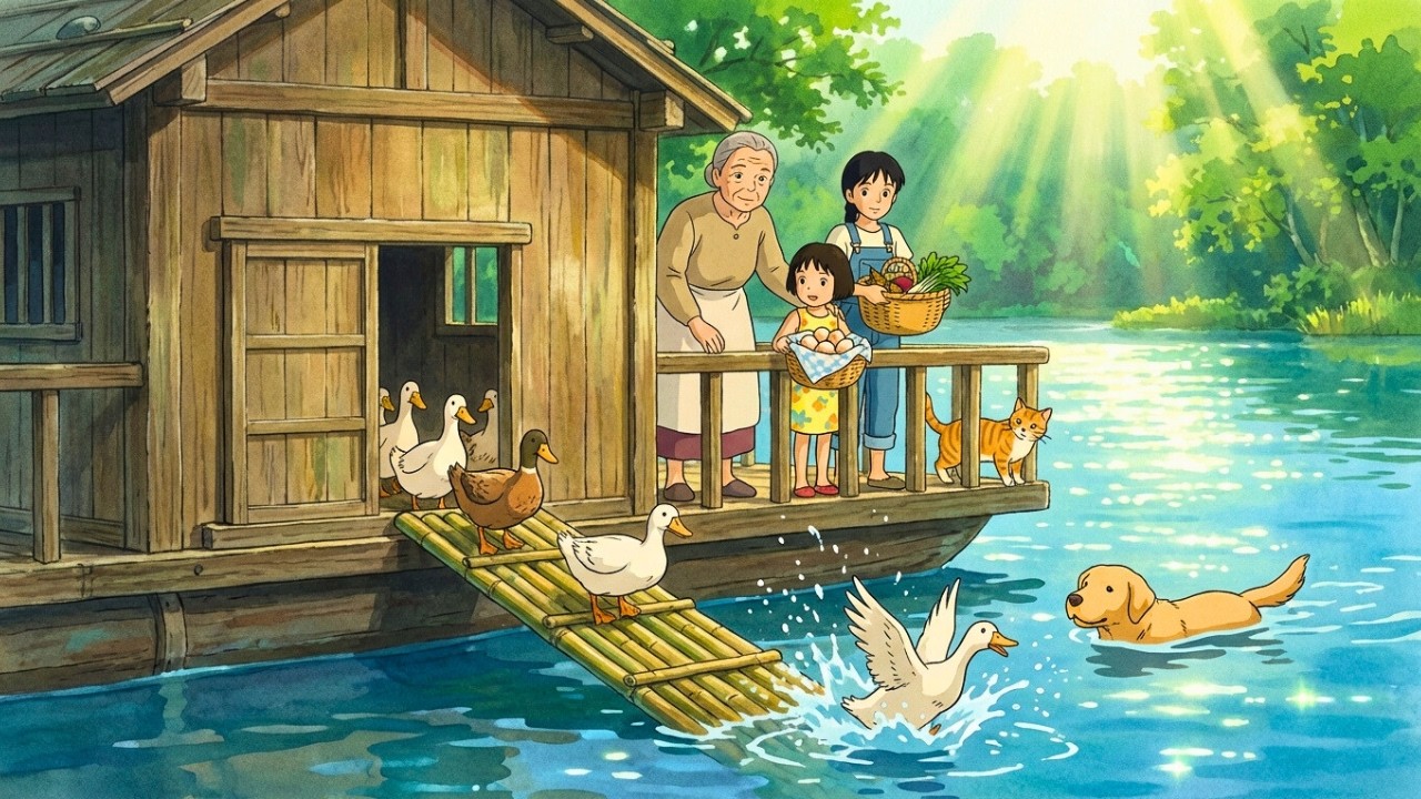 Peaceful River Village: Ducks Swim Out, Bamboo Harvest & Rustic Lunch | Ghibli-Style ASMR