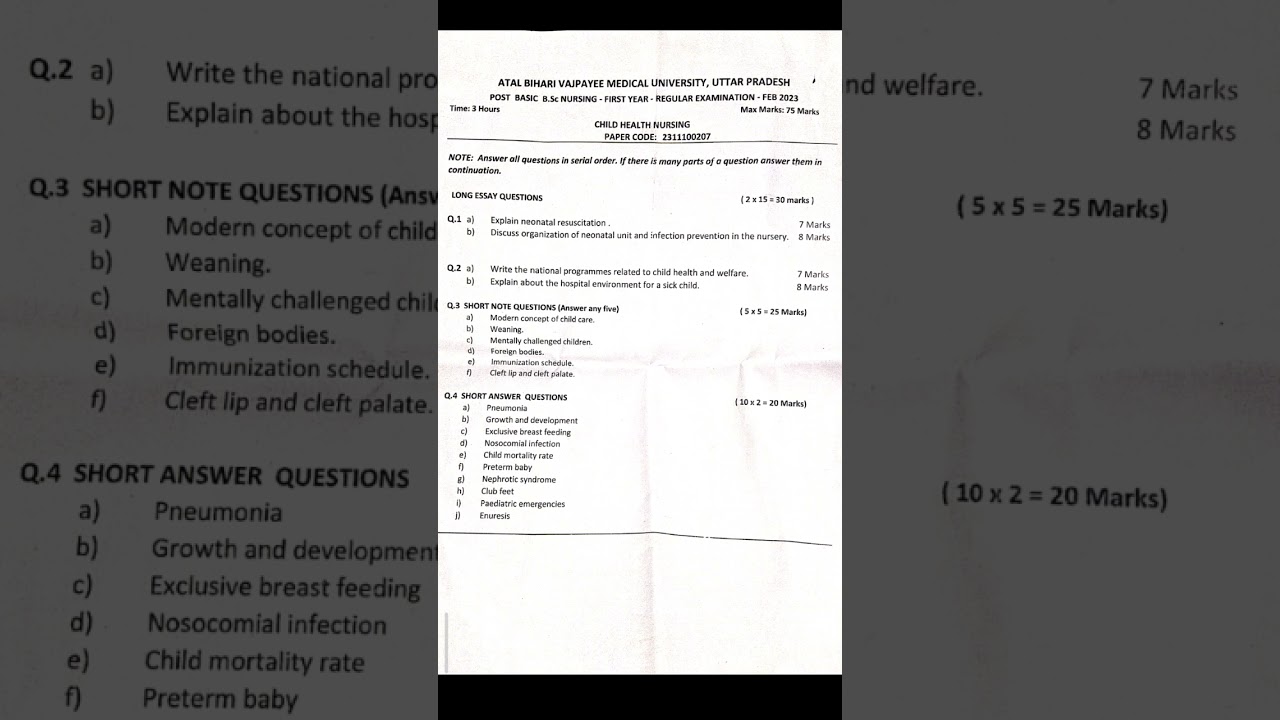 post basic bsc nursing question paper " Child Health Nursing' first year 