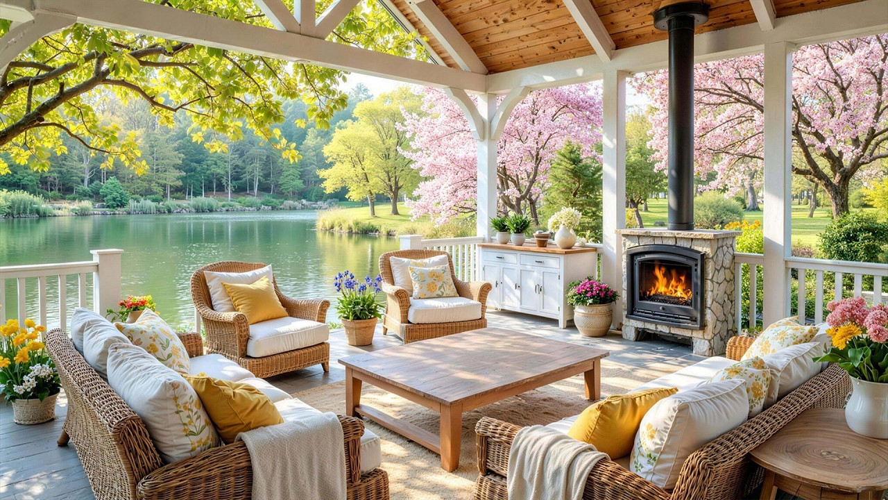 Cozy Spring Porch Ambience 🎹 Relaxing Piano Music and Fireplace Sounds for Relaxation