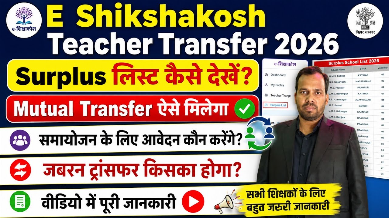 E Shikshakosh Teacher Transfer 2026🚨✅ Surplus School List जारी। Mutual List Kaise Nikal Online 