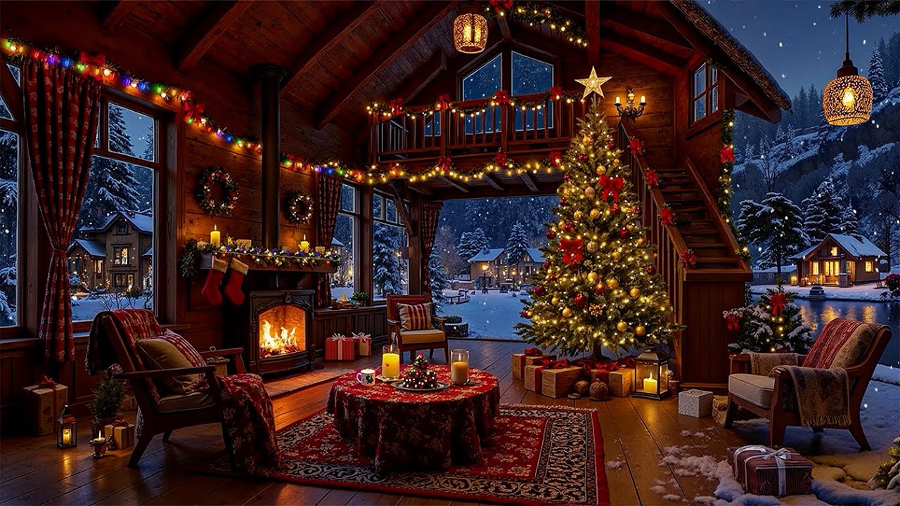 Lakeside Winter Cabin Ambience ❄️ Calm Christmas Jazz, Fireplace & Gentle Snowfall