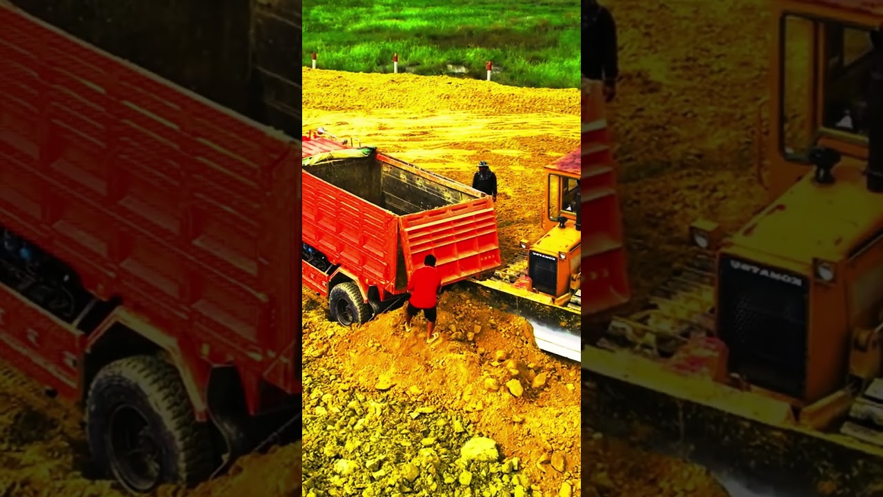 Heavy Machinery in Action  Bulldozer Pushing Soil to Dump Trucks EP040