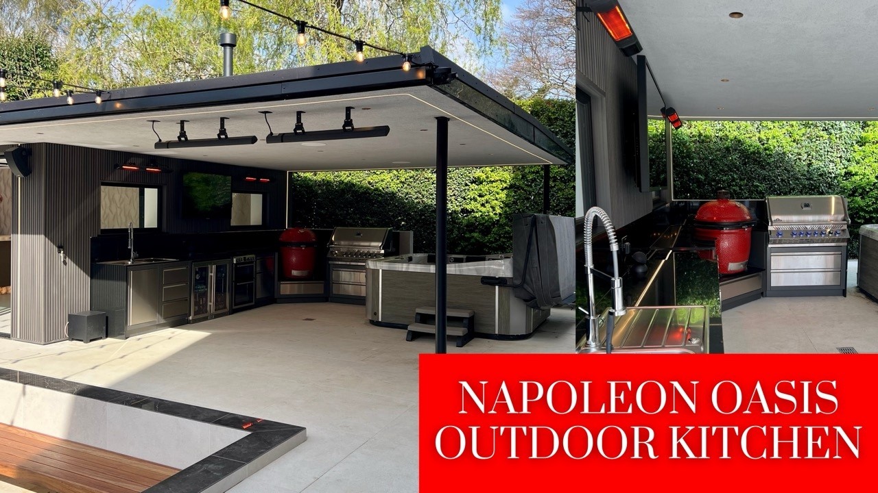 PATIO IDEAS: MODULAR NAPOLEON OASIS OUTDOOR KITCHEN, GARDEN BAR, FIRE PIT, AND POOL!