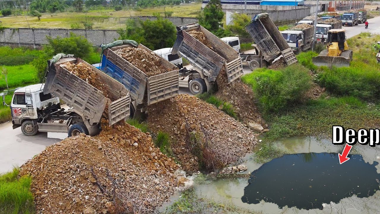 Impressive process!! Amazing Delete Pond by NISSAN 5ton Trucks & push by DR-51-PX dozer