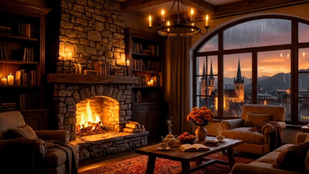 Cozy Fireplace Ambience with Rain  Warm Cabin Evening & City Sunset View