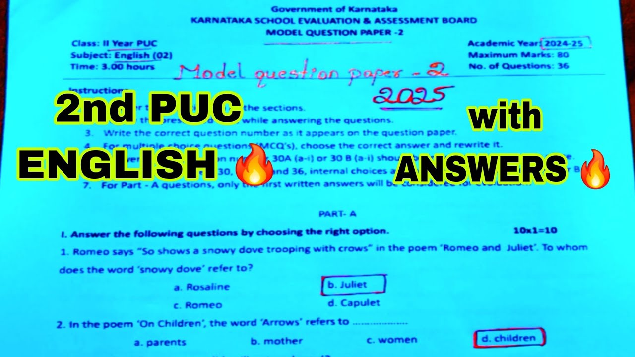 2nd PUC ENGLISH 🔥 model question paper 🔥 with ANSWERS 🔥 ANNUAL EXAM 2024-25