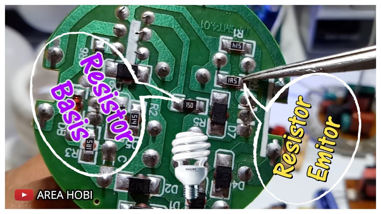 Solusi mengganti Resistor Basis dan Resistor Emitor yang terbakar nilai hambatanya hangus.