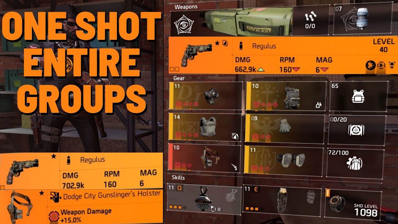Division 2 Gunslinger Explosive Pistol DPS build. (1 Shot entire groups!)