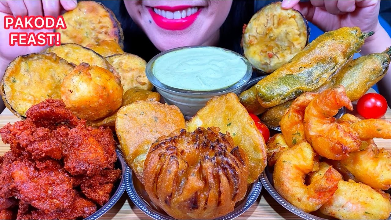 ASMR CHICKEN PAKODA, SHRIMP PAKODA, ALOO PAKODA, BENGAN PAKODA, MIRCHI & ONION PAKODA Eating Sounds