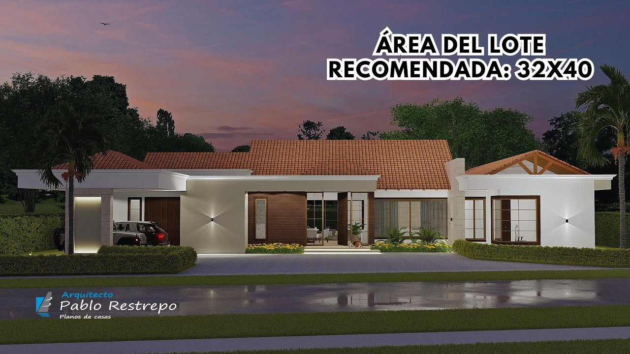 'CASA CAMPESTRE' 472 M2 - DISEÑO en 'UN PISO' 32x40 (Plano de casa con 6 hab) | Arq Pablo Restrepo