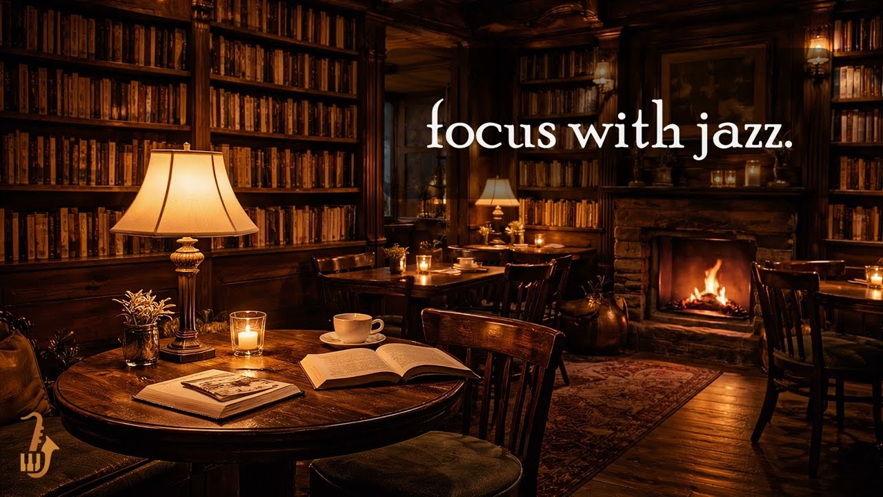 After Hours Jazz for Focus & Calm l Library Ambience with Fireplace Sound