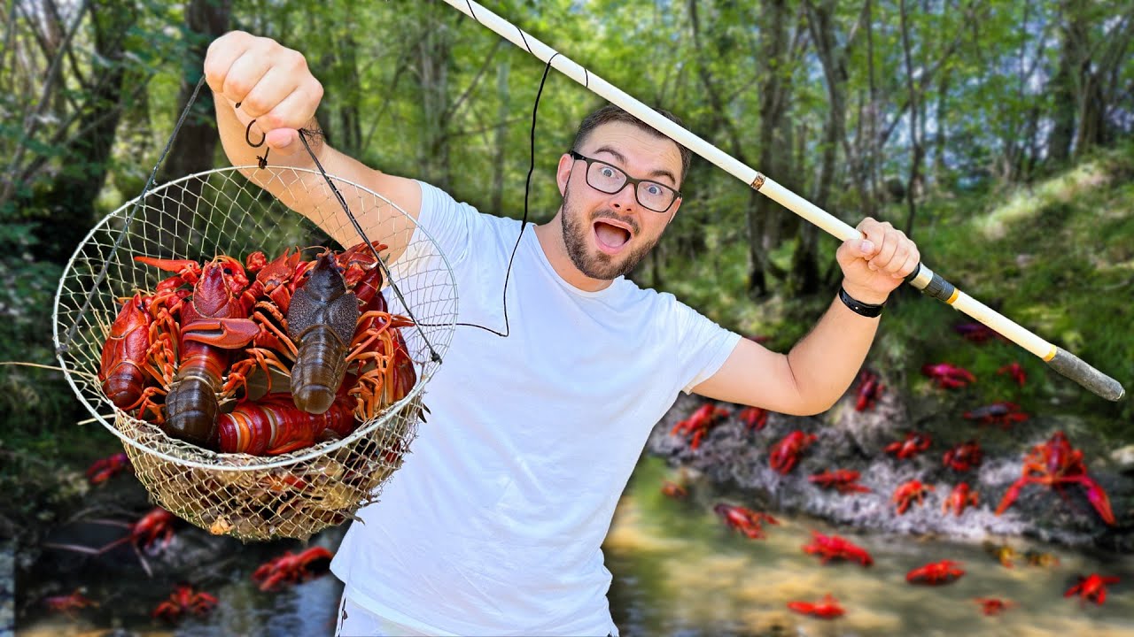 Pêcher dans une rivière ENVAHI D'ÉCREVISSE ! (Pêcher, Cuisiner, Manger)