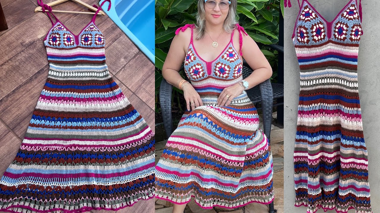 Aproveite restinhos de fios!!!!! Vestido em crochê colorido ! Vestido longo em crochê !