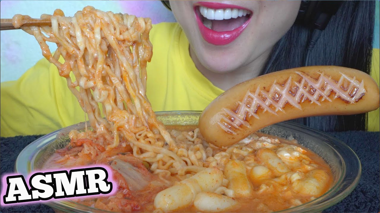 ASMR CHEESY RICE CAKE SPICY NOODLES + SAUSAGE (EATING SOUNDS) LIGHT WHISPERS | SAS-ASMR