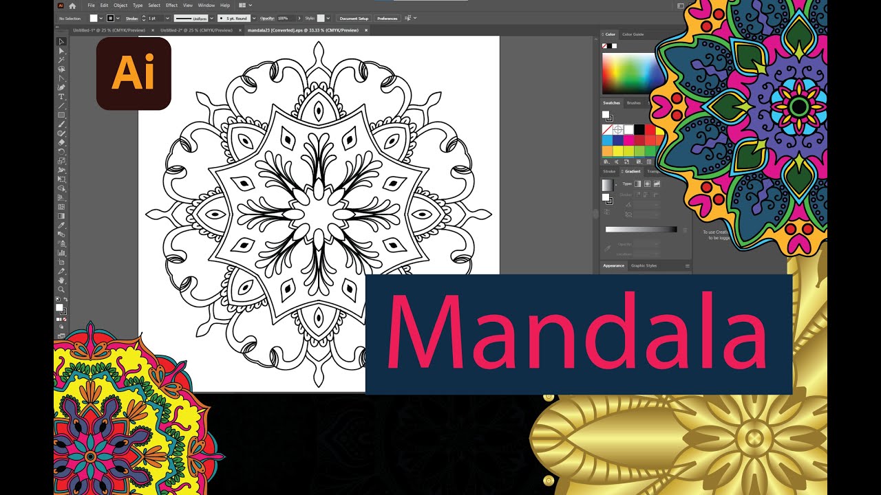 วาดภาพเพื่อระบายสี draw mandala by ai illustrator