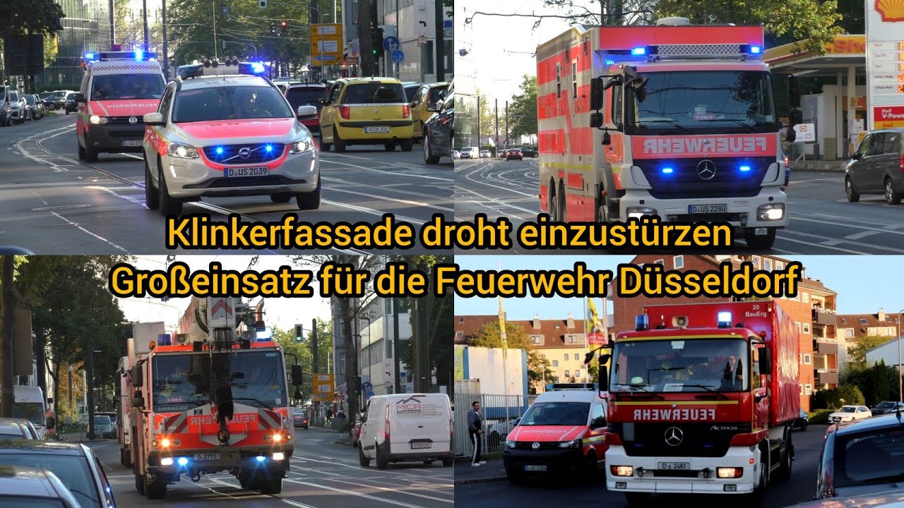 Klinkerfassade gelöst/droht abzustürzen] Einsatzfahrten zu Großeinsatz der Feuerwehr Düsseldorf