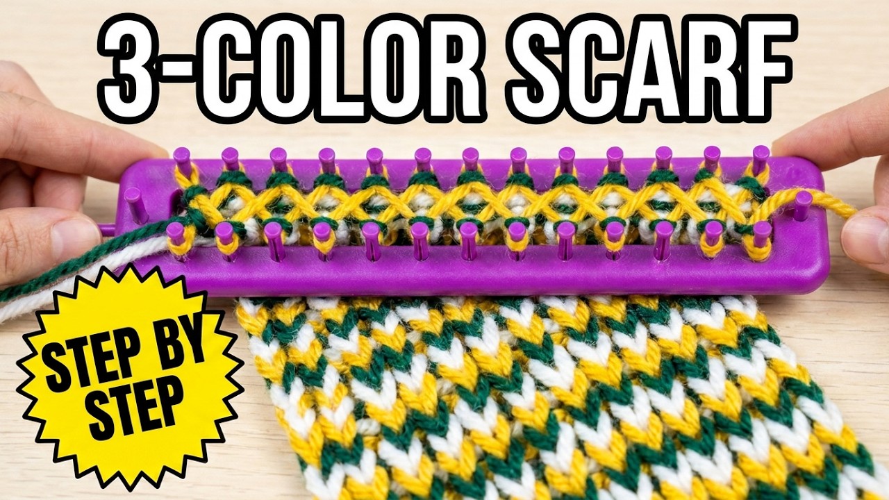 SCARF 3 COLORS ON A LOOM - HOW TO KNIT 3 COLORS ON A LOOM