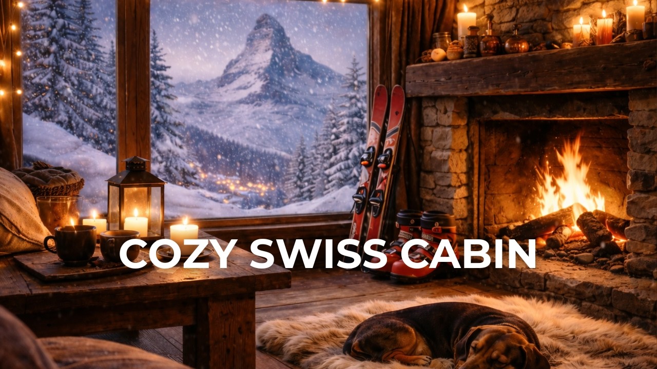 Cozy Swiss Mountain Cabin ❄️ Snowfall & Fireplace Ambience for Study, Relax & Sleep