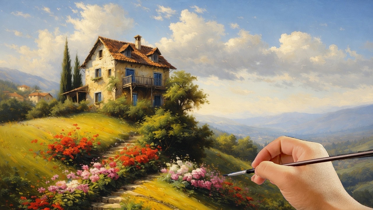 🎨 Painting a Peaceful Hillside Flower Cottage | Relaxing Acrylic Landscape Tutorial | #066