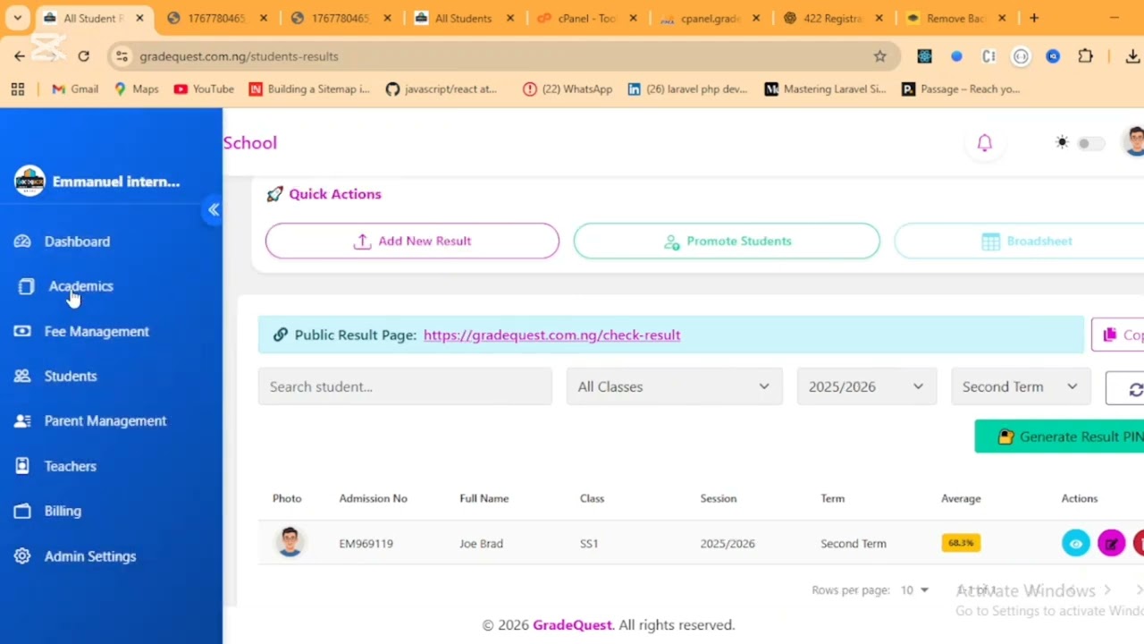 How to Add  Result and  Promote Student