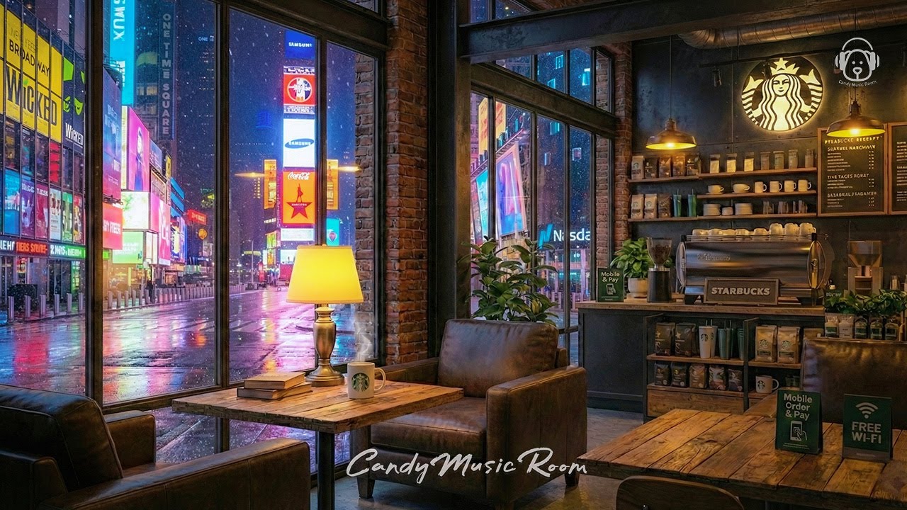 New York Night Café Jazz ☕ Cozy Starbucks Ambience for Relaxing & Studying